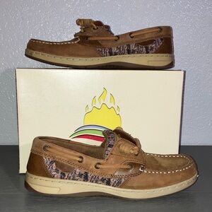 Tan/Brown Leather Boat Shoes with Camouflage Accent